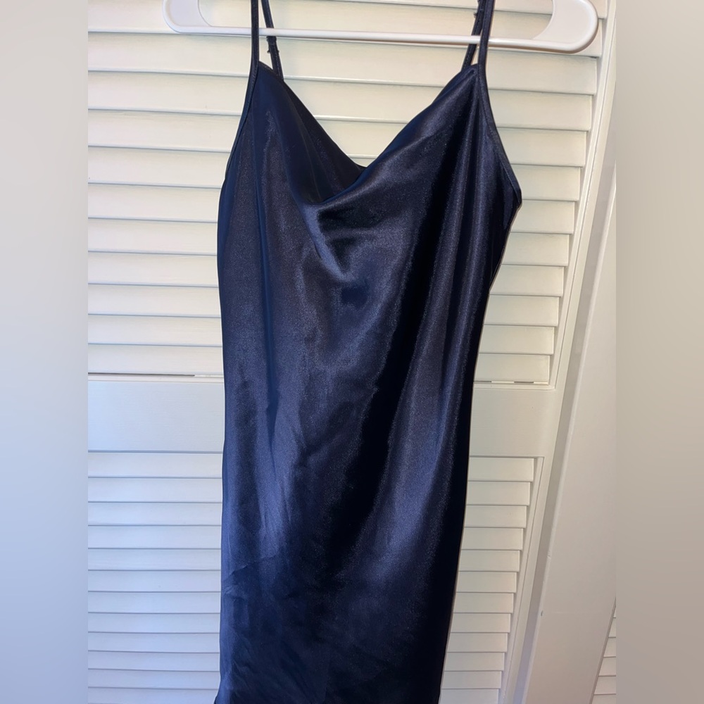 Dark Navy Satin Cowl Neck Slip Mini Dress!